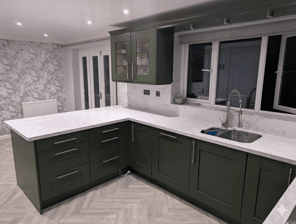Kitchen respray after - Reddish kitchen transformed to deep green finish