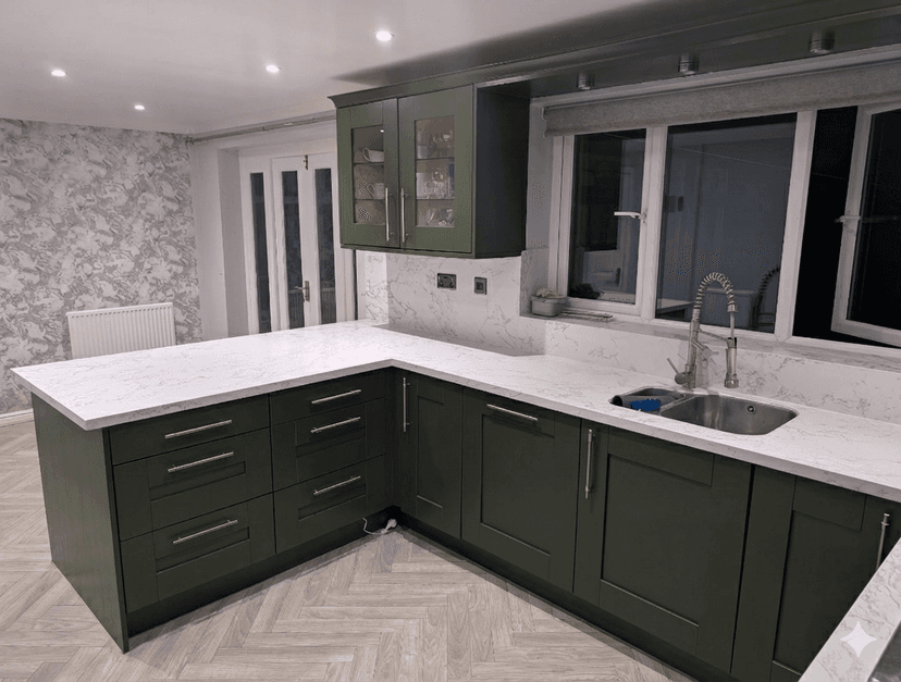 Kitchen after respray - deep heritage green in Reddish