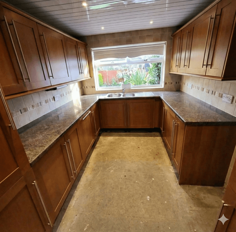 Kitchen before respray - dark oak cabinets in St Helens
