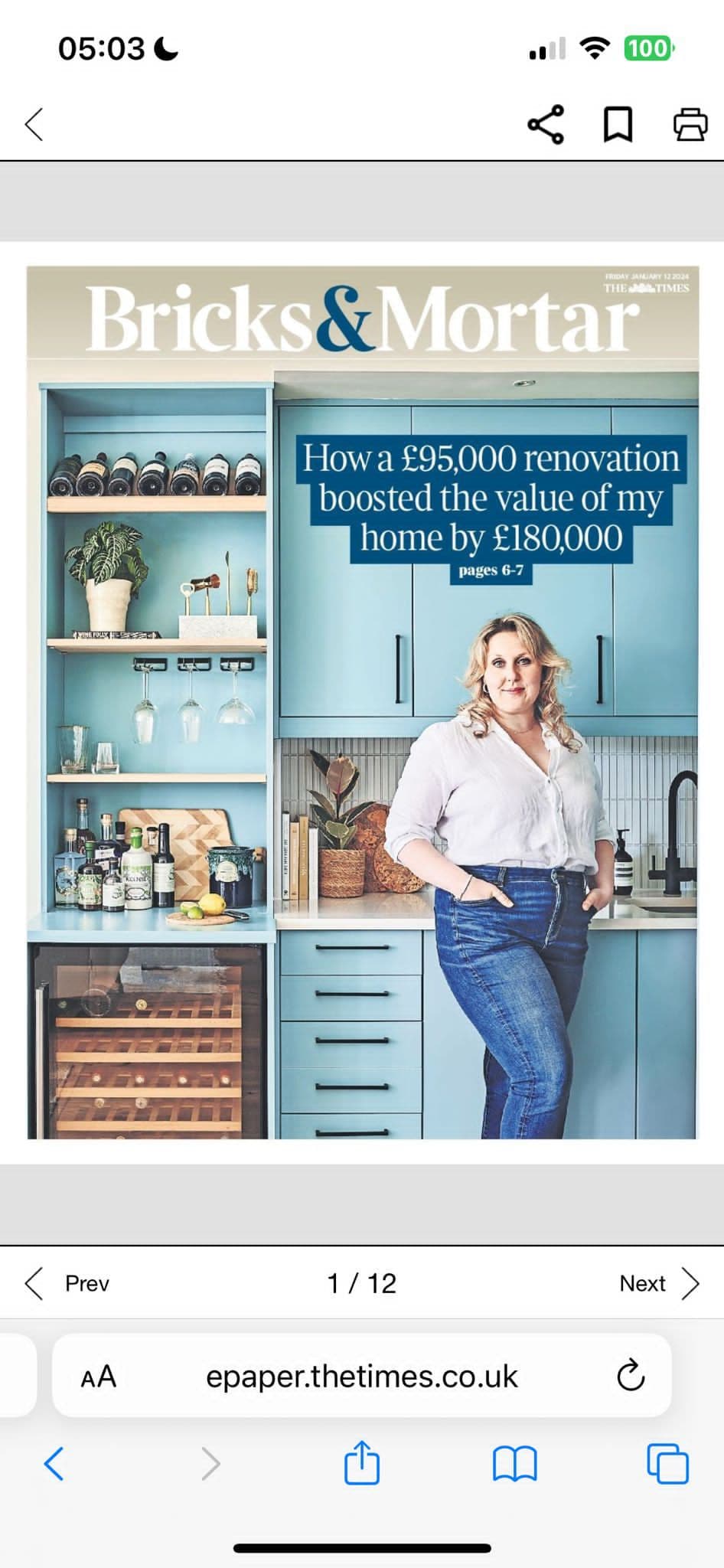 Revitalize Resprays featured on the cover of The Times Bricks and Mortar supplement - Lick's Teal 01 kitchen transformation
