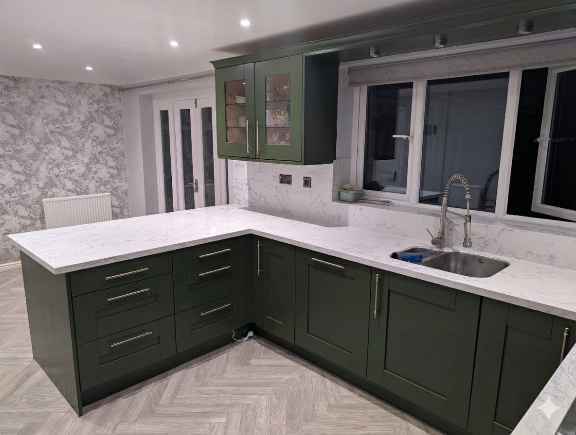 Reddish kitchen after deep green Revitalize Resprays finish